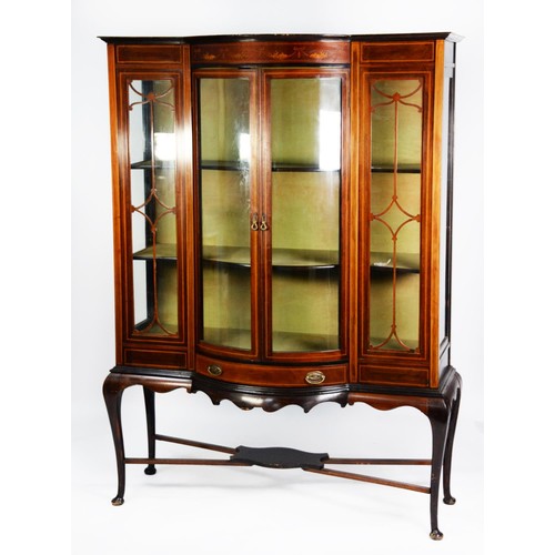 155 - EDWARDIAN LINE INLAID MAHOGANY DISPLAY CABINET, the shaped top above a ribbon ted swag inlaid frieze... 