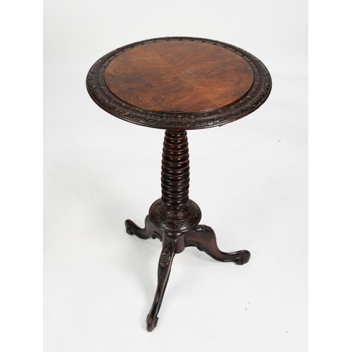 158 - NINETEENTH CENTURY CONTINENTAL FIGURED AND CARVED WALNUT TRIPOD OCCASIONAL TABLE, the circular, quar... 