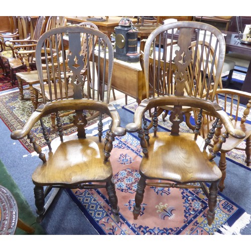 144A - PAIR OF VICTORIAN WINDSOR ELM SEAT COUNTRY CHAIRS, one as rocking chair, the other a standard firesi... 