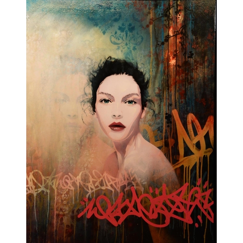 154 - TROIKA (MODERN) MIXED MEDIA ON CANVAS ‘Beauty Shot’ Stencilled signature and title to gallery label ... 