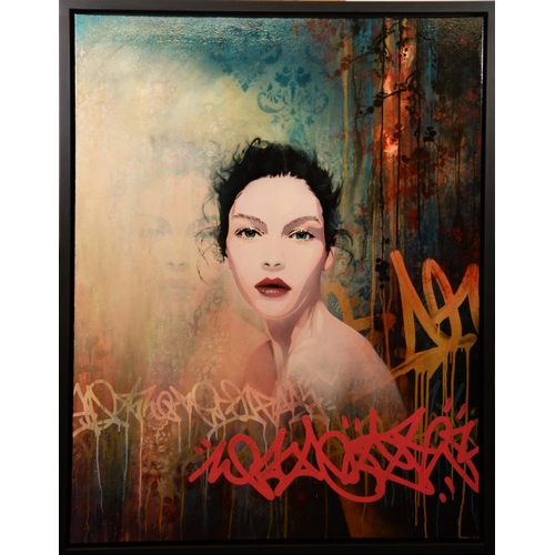 154 - TROIKA (MODERN) MIXED MEDIA ON CANVAS ‘Beauty Shot’ Stencilled signature and title to gallery label ... 