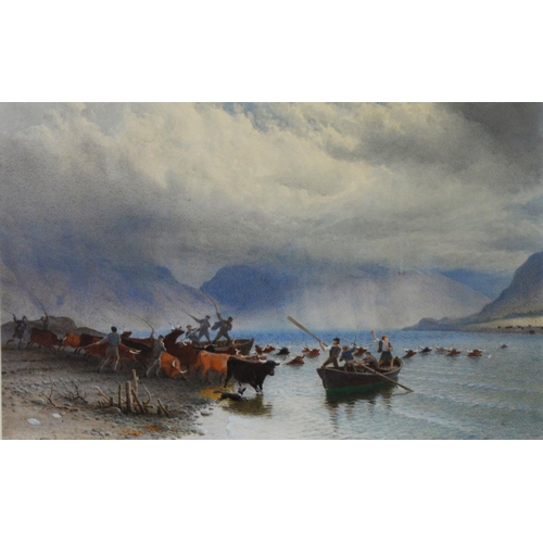 202 - ATTRIBUTED TO ANTHONY CAREY STANNUS (1830-1919)WATERCOLOUR Figures driving cattle across a lough Sig... 