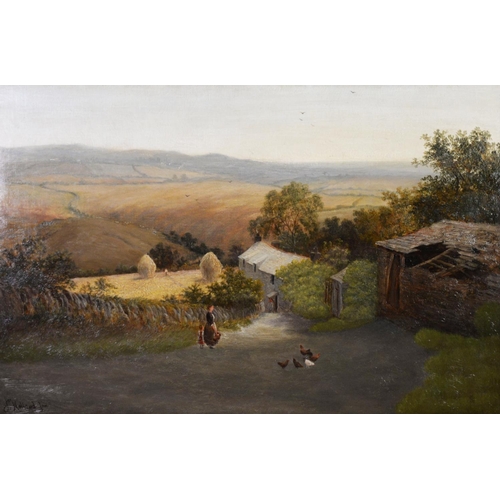 210 - J HOLLAND Jr (1830-1886)OIL ON RELINED CANVAS Rural scene with maid and chicken in front of farm bui... 