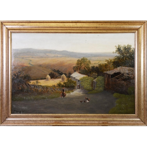 210 - J HOLLAND Jr (1830-1886)OIL ON RELINED CANVAS Rural scene with maid and chicken in front of farm bui... 