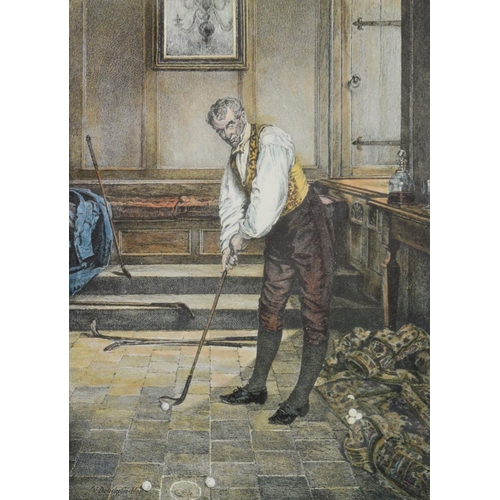 166 - AFTER WALTER DENDY SADLER MODERN REPRODUCTION COLOUR PRINT ‘A LITTLE PRACTICE’, golfing print 15 ¾” ... 