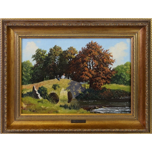 221 - VINCENT SELBY (1919-2004) OIL ON BOARD River scene with figures on a stone bridgeSigned 9” x 13” (22... 