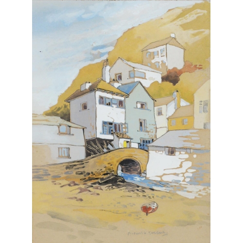 230 - FREDERICK T W COOK (1907-1982) WATERCOLOUR ON BUFF COLOURED PAPER Hillside town with stone bridge 7”... 