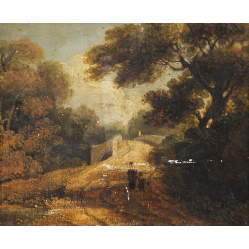 232 - GEORGE ARNOLD (NINETEENTH CENTURY) OIL ON PANELFigures approaching a stone bridge Unsigned, attribut... 