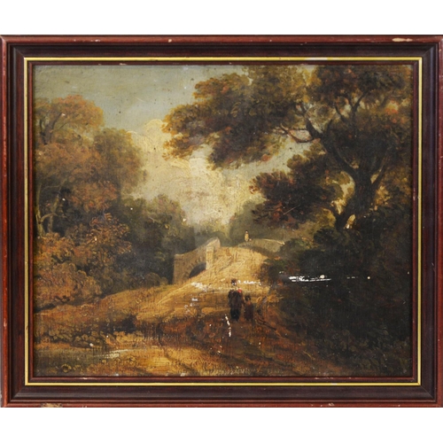 232 - GEORGE ARNOLD (NINETEENTH CENTURY) OIL ON PANELFigures approaching a stone bridge Unsigned, attribut... 