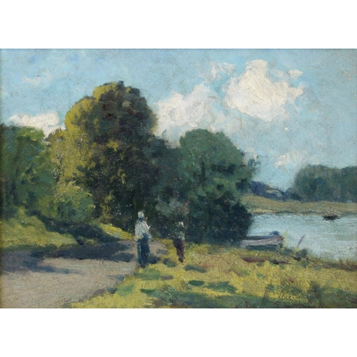 233 - UNATTRIBUTED (EARLY TWENTIETH CENTURY)OIL ON BOARD Figure on a path at the water’s edge Unsigned 7 ¼... 