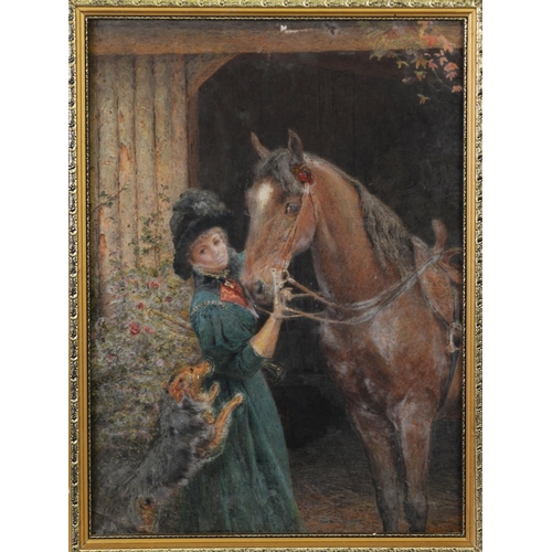 234 - UNATTRIBUTED (EARLY TWENTIETH CENTURY)WATERCOLOUR Lady with horse and dog Unsigned 17 ¾” x 12 ¾” (45... 