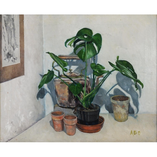 199 - ALBERT B. OGDEN (1928 - 2022)OIL ON CANVAS‘Cheese Plant and Copper Kettle’ Initialled 19 ¼” x 23 ½” ... 