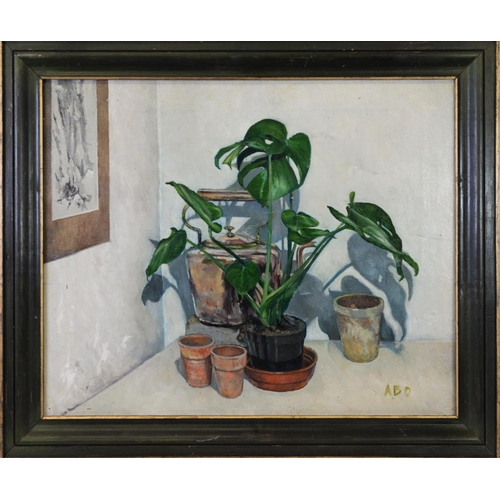 199 - ALBERT B. OGDEN (1928 - 2022)OIL ON CANVAS‘Cheese Plant and Copper Kettle’ Initialled 19 ¼” x 23 ½” ... 