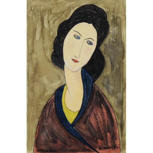 224 - AFTER OR STYLE OF AMEDEO MODIGLIANI BY S MORRIS(TWENTIETH CENTURY)WATERCOLOUR Bust length female por... 