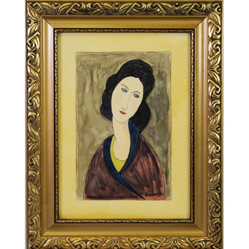 224 - AFTER OR STYLE OF AMEDEO MODIGLIANI BY S MORRIS(TWENTIETH CENTURY)WATERCOLOUR Bust length female por... 