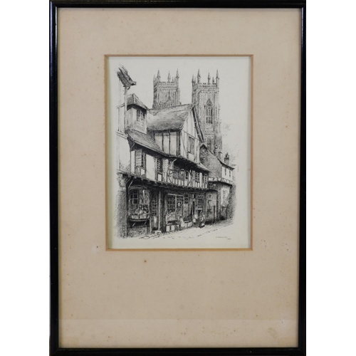 225 - H RADCLIFFE (EARLY TWENTIETH CENTURY) PEN AND INK The Shambles York, with the minster in the backgro... 