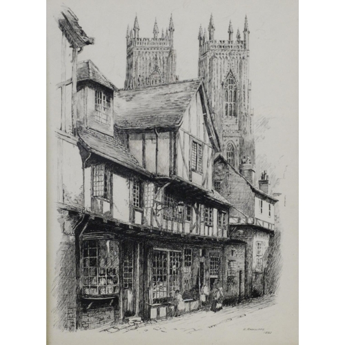 225 - H RADCLIFFE (EARLY TWENTIETH CENTURY) PEN AND INK The Shambles York, with the minster in the backgro... 