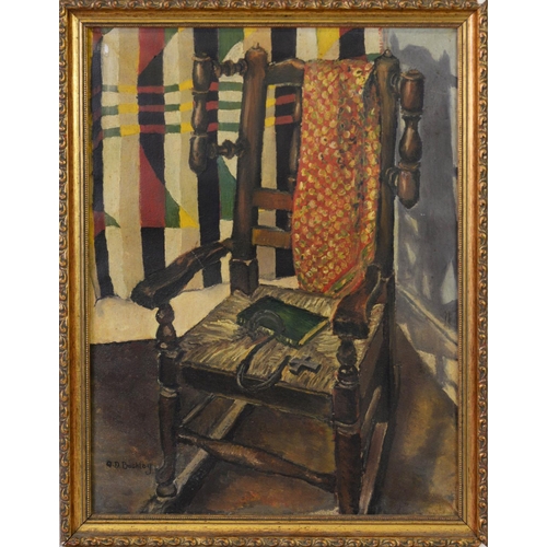 227 - G D BUCKLEY (TWENTIETH CENTURY)OIL ON CANVAS Rocking chair Signed 17” x 12 ¾” (43.2cm x 32.4cm) KEN ... 