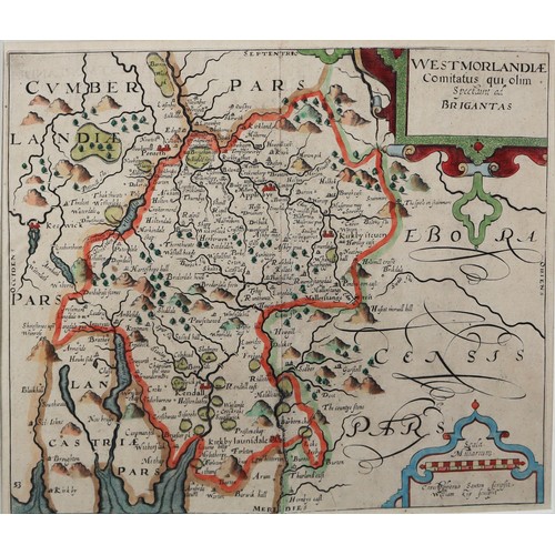 129 - ANTIQUE HAND COLOURED MAP OF WESTMORLAND BY CHRISTOPHER SAXTON, 10 ½” X 12 ¼” (26.7cm x 31.1cm), fra... 