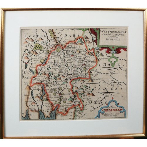 129 - ANTIQUE HAND COLOURED MAP OF WESTMORLAND BY CHRISTOPHER SAXTON, 10 ½” X 12 ¼” (26.7cm x 31.1cm), fra... 