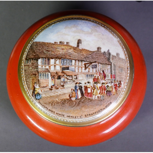 55 - FOUR VICTORIAN PRATT WARE POTTERY POT LIDS, comprising: TWO WITH BASES and TWO IN EBONISED WOOD FRAM... 