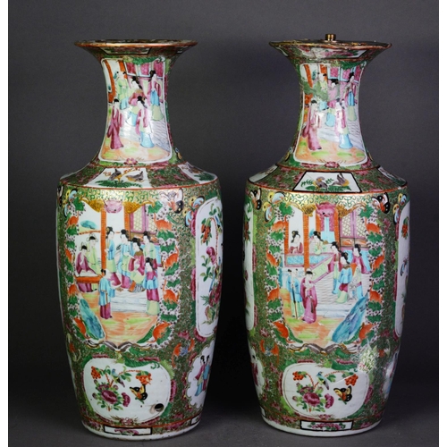 151 - PAIR OF CHINESE LATE QING DYNASTY CANTON DECORATED VASES, the oviform bodies beneath waisted necks, ... 