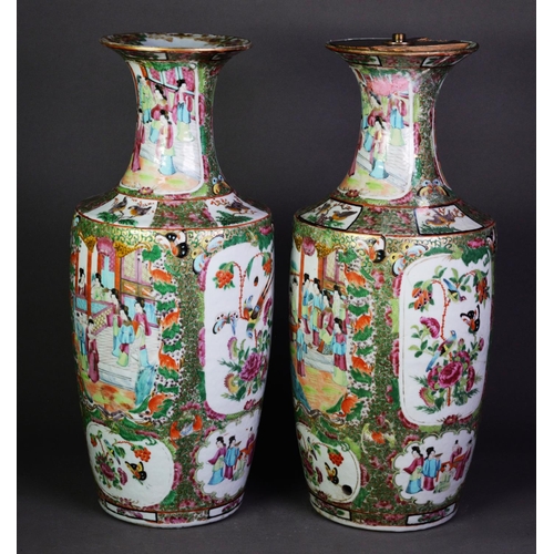 151 - PAIR OF CHINESE LATE QING DYNASTY CANTON DECORATED VASES, the oviform bodies beneath waisted necks, ... 