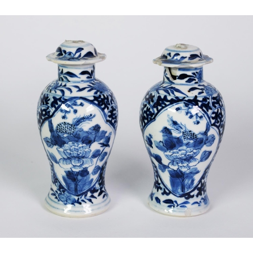 163 - PAIR OF CHINESE BLUE AND WHITE PORCELAIN SMALL VASES AND COVER, each of baluster form with domes cov... 