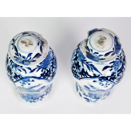 163 - PAIR OF CHINESE BLUE AND WHITE PORCELAIN SMALL VASES AND COVER, each of baluster form with domes cov... 