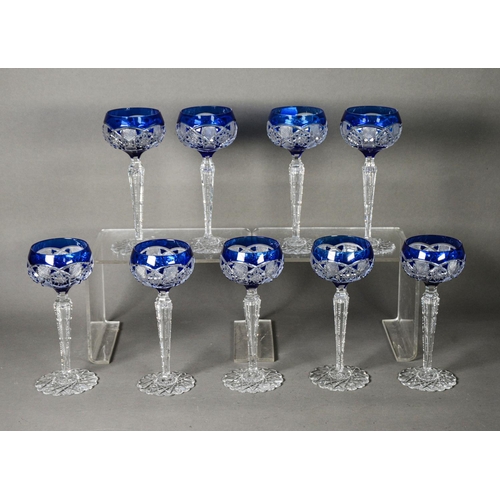 168 - SET OF TEN BLUE STAINED AND FLASH CUT HOCK GLASSES, 7 ¾” (19.7cm) high, (10) one a/f