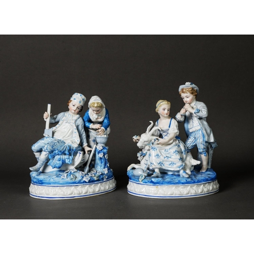 106 - PAIR OF EARLY TWENTIETH CENTURY KPM STYLE PORCELAIN GROUPS, each heightened in blue and modelled as ... 