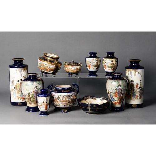 145 - COLLECTION OF JAPANESE MEIJI AND LATER PERIOD SATSUMA POTTERY WITH BLUE GROUNDS, comprising: THREE K... 