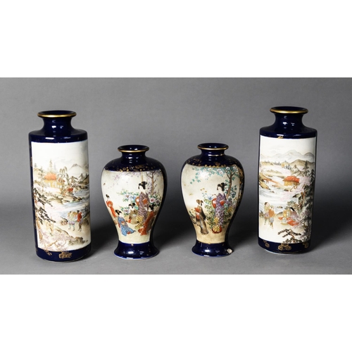 145 - COLLECTION OF JAPANESE MEIJI AND LATER PERIOD SATSUMA POTTERY WITH BLUE GROUNDS, comprising: THREE K... 