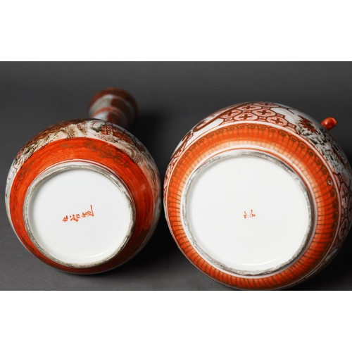 148 - THREE JAPANESE MEIJI PERIOD KUTANI PORCELAIN VASES, one of double gourd for with fancy scroll handle... 