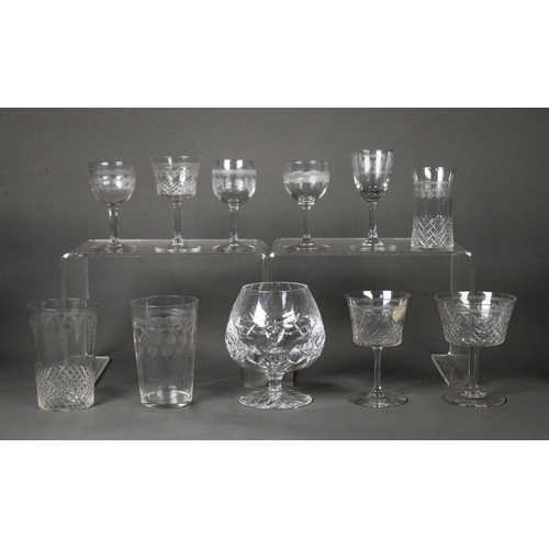 172 - THREE LARGE AND HEAVY CUT GLASS BRANDY BALLOONS, presentation curved glass DECANTER AND STOPPER; a s... 