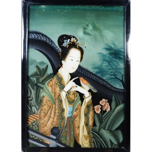 118 - SUITE OF FIVE CHINESE REPUBLIC PERIOD REVERSE PAINTED ON GLASS PICTURES OF LADIES ENJOYING LEISURE P... 