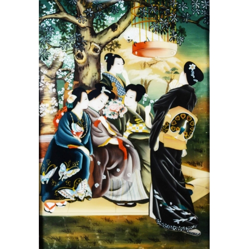 118 - SUITE OF FIVE CHINESE REPUBLIC PERIOD REVERSE PAINTED ON GLASS PICTURES OF LADIES ENJOYING LEISURE P... 