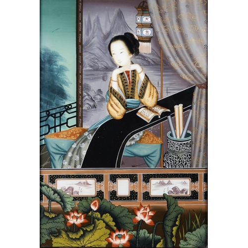 118 - SUITE OF FIVE CHINESE REPUBLIC PERIOD REVERSE PAINTED ON GLASS PICTURES OF LADIES ENJOYING LEISURE P... 