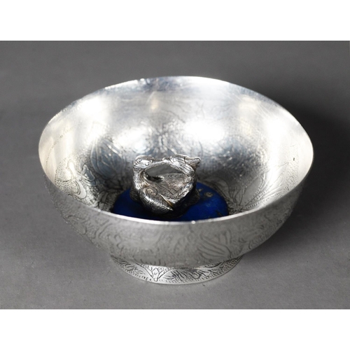 120 - CHINESE QING DYNASTY SMALL HEAVY LEAD ALLOY BOWL, the soft metal INCISED TO THE INTERIOR WITH LOTUS ... 