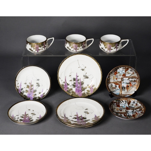 128 - THREE MATCHING ORIENTAL PORCELAIN TEA CUP, SAUCER AND SIDE PLATE SETS, each decorated in colours and... 