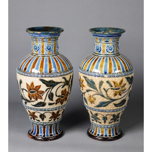 61 - PAIR OF DOULTON LAMBETH MOULDED POTTERY VASES, each of tapering form with short cylindrical neck and... 