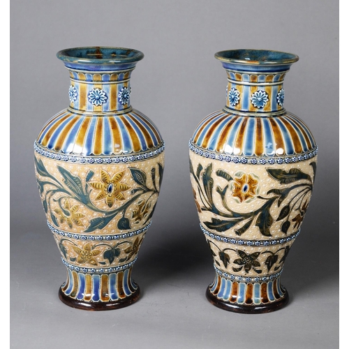 61 - PAIR OF DOULTON LAMBETH MOULDED POTTERY VASES, each of tapering form with short cylindrical neck and... 