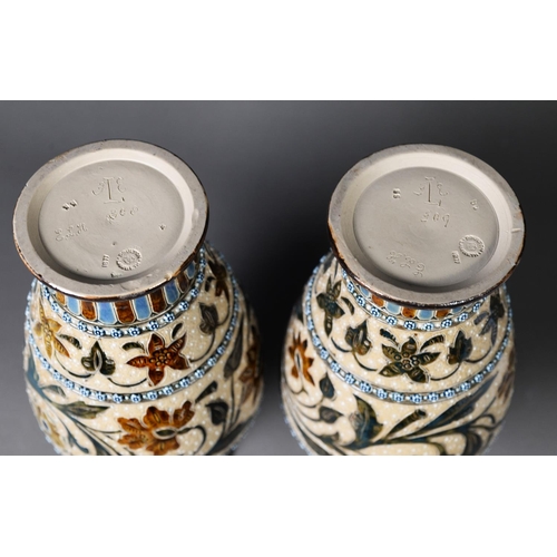 61 - PAIR OF DOULTON LAMBETH MOULDED POTTERY VASES, each of tapering form with short cylindrical neck and... 