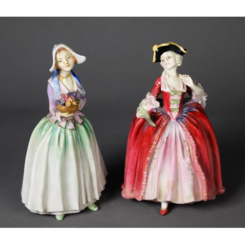 65 - TWO ROYAL DOULTON CHINA FIGURE, DORCAS, HN1491, head re-glued and re-glued at the waist CAMILLE, HN1... 