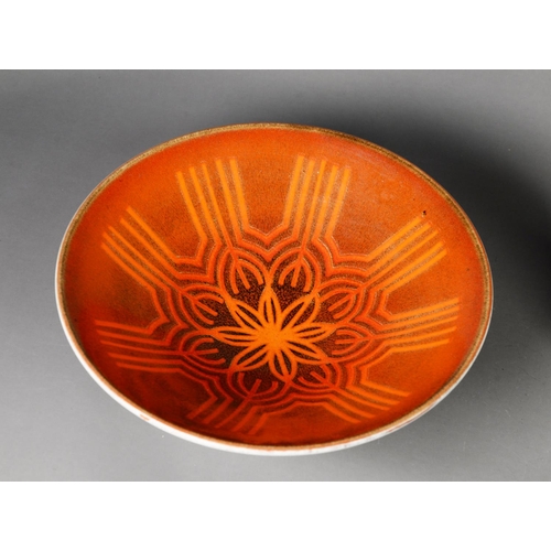 33 - POOLE POTTERY AEGEAN PATTERN POTTERY BOWL, of flared form, decorated in tones of orange and red, 4” ... 