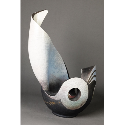 2 - PAUL MUCHAN RAKU FIRED POTTERY SCULPTURE, ‘POT 18’, of organic form with bowl shaped base, 17” (43.2... 