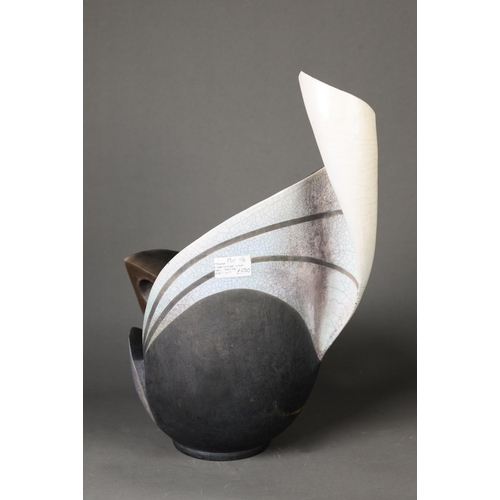 2 - PAUL MUCHAN RAKU FIRED POTTERY SCULPTURE, ‘POT 18’, of organic form with bowl shaped base, 17” (43.2... 