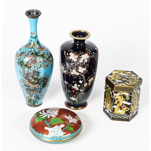 157 - FOUR PIECES OF NINETEENTH CENTURY AND LATER ORIENTAL CLOISONNÉ, comprising: TWO VASES, both florally... 