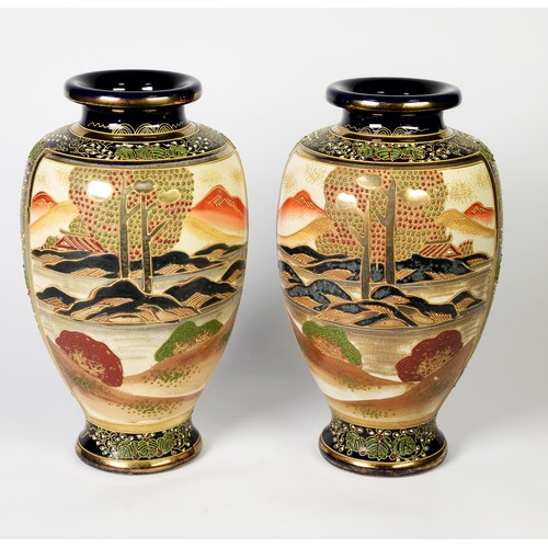 152 - PAIR OF TWENTIETH CENTURY JAPANESE SATSUMA POTTERY VASES ON BLUE GROUNDS, each of ovoid for with lip... 