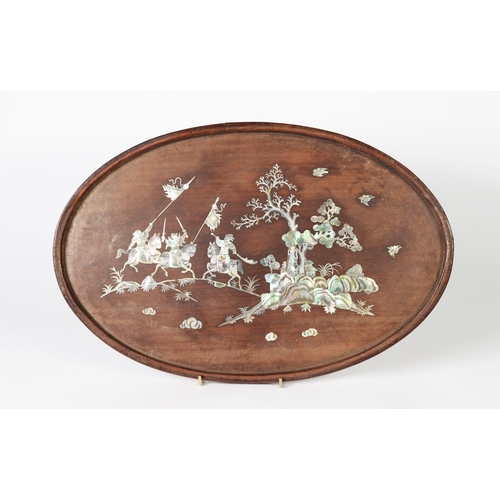 153 - JAPANESE MEIJI PERIOD MOTHER OF PEARL INLAID OVAL HARDWOOD TRAY, decorated with warriors on horsebac... 